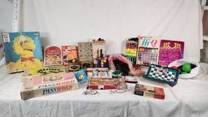 Vintage Board Games and Puzzles including Milton Bradley Password, Connect Four, and Big Bird Puzzle