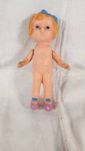 Vintage Small Doll with Blue Bow and Purple Shoes