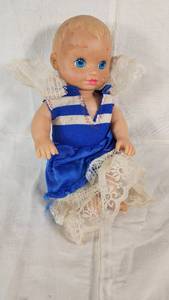Vintage Doll in Blue Dress with Lace Accents