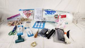 Craft Supplies including Mountain Mist Quilt Batting, Jingle Bells, Adhesive Hooks, Velcro Strips, and Accessories