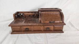 Wooden Desktop Organizer with Roll-Top and Drawers - About 14 Wide