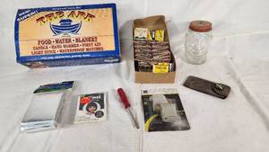 Emergency Survival Kit including The Ark Personal Care Kit, Emergency Blanket, 3 to 2 Adapter, and Vintage Lucky Joe Bank Jar