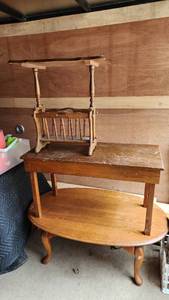 Three Wooden Tables Including Oval Coffee Table and Magazine Rack Table