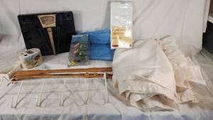 Vintage Household Items including Scale, Shower Curtain Liner, and Wall Hooks
