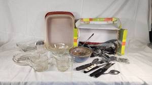 Kitchenware and Utensils Lot including Glass Bowls, Cutlery, and Storage Containers