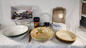 Williams Sonoma Italian Bowl, Lindsey Jordan Decorative Bowl, Mikasa Baking Dish, and Other Kitchenware