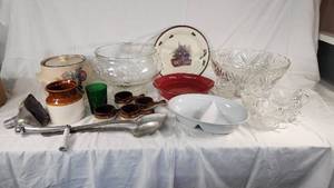 Various Kitchenware Items Including Home & Garden Party Canister, Rachael Ray Casserole, and Glass Punch Bowl Set