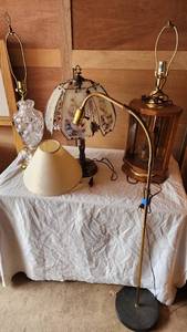 Crystal Table Lamp (broken), Floral Glass Lamp, Wooden Lantern Lamp, and Brass Floor Lamp