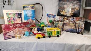 Assorted Toys and Games including Scrabble, Lincoln Logs, and Puzzles