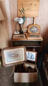 Lot of Framed Artwork, Lamps, and Folding Table