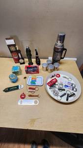 Budweiser and Jameson Openers, Vintage Thermos, and Decorative Bottles