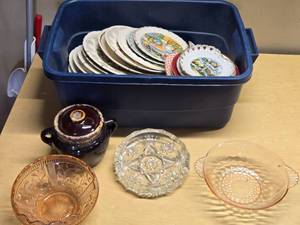 Vintage Collector Plates and Glassware Set including State Plates, Decorative Bowls, and Ceramic Pot