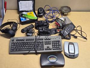 Various Electronic and Miscellaneous Items including eMachines Keyboard, Tiger Quiz Wiz Game, Memorex Discman, and More