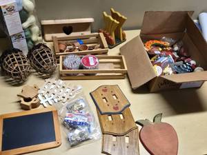 Assorted Home Decor and Craft Items Including Huntington Home Pumpkin and Gourd Bowl Fillers, Wooden Decorations, and Seasonal Ornaments