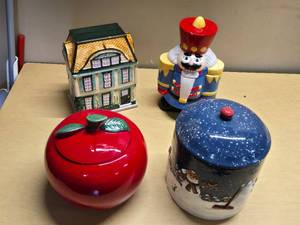 Ceramic Cookie Jars including Nutcracker, House, Apple, and Snowman Scene