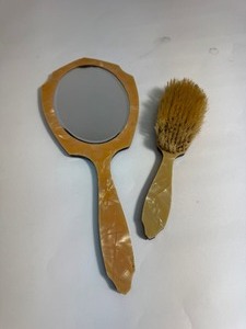 Vintage Pearlized Gold Celluloid Hand Held Mirror & Lid for Dresser set