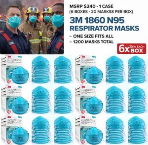 MSRP $240 1 Case (6 Boxes/20 Masks Per Box) 3M 1860 N95 Respirator Masks, NIOSH Approved, Jobsite Dust Protection, Construction Lawn Care Shop Use, Fluid Resistant ASTM Level 2, Megastrong Cup Design, One Size Fits All, 1200 Masks Total See Youtube!