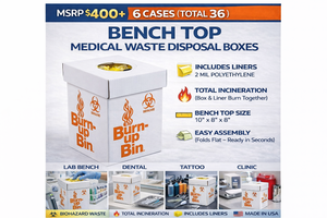 MSRP $400  6 Cases (36 Bins Total) LabSource Burn-Up Medical Waste Disposal Boxes, Bench Top 10x8x8 Biohazard Waste Containers w 2 Mil Liners, Total Incineration Burns Box &amp Liner Together, Labs Dental Vet Tattoo EMS, Made in USA