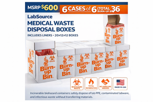 MSRP $600 - 6 Cases (36 Boxes) LabSource Burn-Up Medical Waste Disposal Boxes wLids &amp&nbspTough&nbsp2mil Polyethylene Liner&nbsp(prevent leaks)&nbsp20x12x12 Total Incineration Design Burns BoxLiner Together For Labs Clinics Dental Vet Tattoo EMS