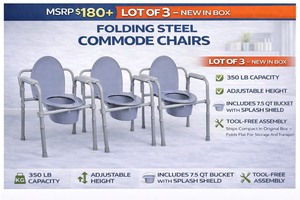 MSRP $180 Lot (3) NEW In Boxes McKesson Folding Steel Frame Commode Portable Toilet Chairs, Adjustable Height w 7.5 Qt Bucket, Heavy Duty 350 lb Capacity, Medical Equipment Home Care Elderly Rehab Use