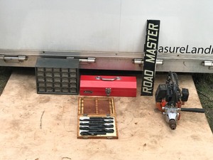Small 25 Drawer Hardware Storage Organizer Full of Hardware - Metal Homak Tool Box - Metal Sign Road Master - Gas Powered Pro Force Tanaka Drill - Drill Bit Set in Wood Box