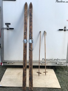 Set of Vintage Wooden Skiis with Bamboo Poles