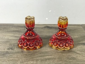 Vintage L. E. Smith Moon and Stars Candlestick Holders Amberina