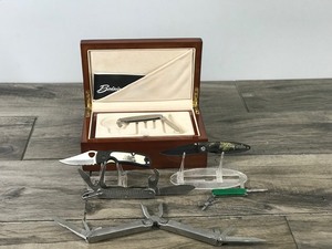 Lot of Knives, Multi Tools and Wooden Box Case