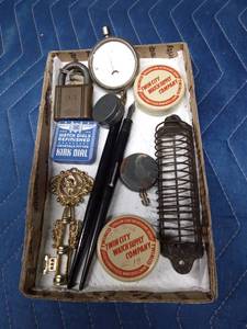 Antique Eveready battery tester by American Ever Ready Co., Vintage Yale padlock with key, watch parts tins with parts and more
