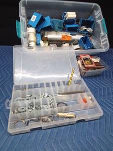 Tote of Electrical Hardware, picture hangers, gauge, tools, washers in a Bass Pro tackle box and more