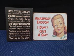 Metal and canvas signs