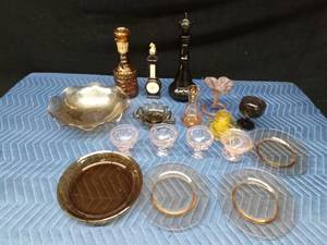 4 Vintage footed pink depression glass dessert dishes, Carnival glass bowl, Ambe4r glass plates, liquor decanters, Avon and more