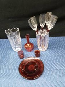2 lead crystal vases, ruby red stem wine glasses, ruby red plate, red vase and 2 candle holders