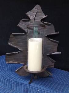 Battery operated metal wall leaf with glass tube candle holder