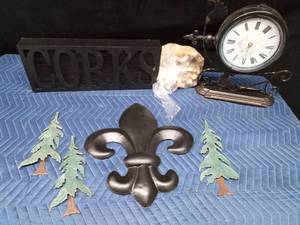 Metal wall decor, clock, cork holder trees, and symbol