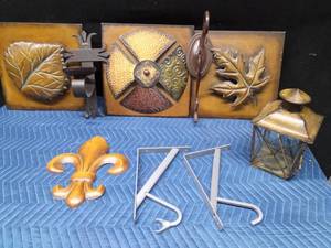 Metal plaques, candle holder, plant hangers and candle lantern