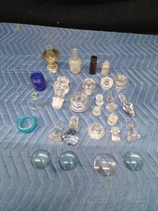 Vintage glass tops for bottles, cruets, jars, and coffee pots. 1 mini lantern, bottles, blue jar and more