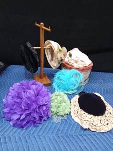 7 Vintage hats, hat rack and hat box