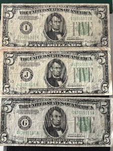 1934 Green Seal $5 Dollar Federal Reserve Notes
