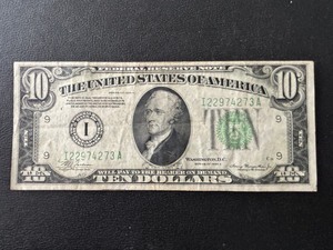 1934 A Green Seal $10 Dollar Federal Reserve Note