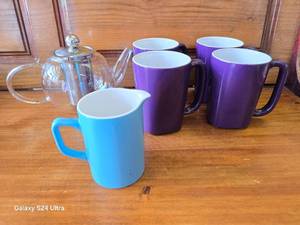 Glass Tea Pot, 4 Purple Cups and Blue Creamer