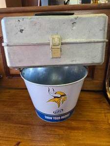 Vintage Tackle Box and Vikings Bucket