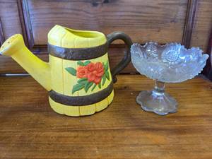 Yellow Water Pitcher Planter and Glass Candy Dish