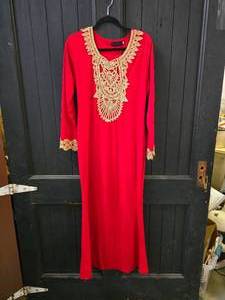 Red Long Maxi Dress with Embroidered Gold