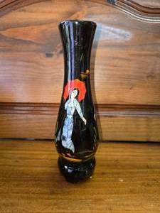 Vintage Vietnamese or Korean Black Lacquer Bud Vase Featuring a Hand-Painted Figure and Mother-of-Pearl Inlay.