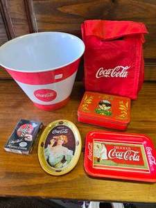 Lot of 6 Pieces of Coke, Tins, Bucket, Lunch Bag, Playing Cards