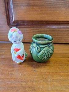 Small Green Ceramic Jar with Fa Prosperity and Japanese Hakata Busque Geisha figurine.