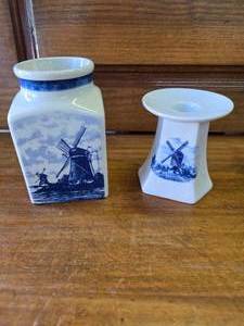 Ter Steege Delft Blue Porcelain candlestick Holder,  Delft Blauq Canister Windmill and Sailboat Scene