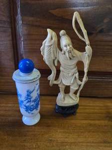 Vintage Chinese Style Fisherman,  Avon Milk Glass Vase