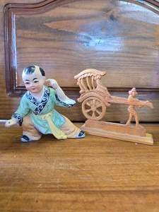 Wildwood Accents Hand-Painted Porcelain Chinese Figurine and  Wooden Indian Rickshaw Showpiece.